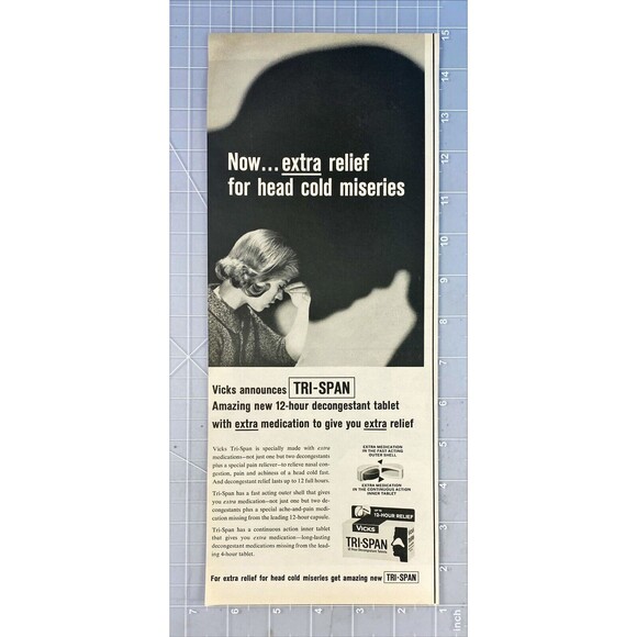 Vicks Tri-Span Decongestant "Now extra relief for head cold Miseries"VTG Ad 1963 - Picture 2 of 3